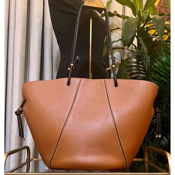 Tory Burch Leather Brown Shoulder Tote Bag with Spaghetti Straps - Picture 2 of 11